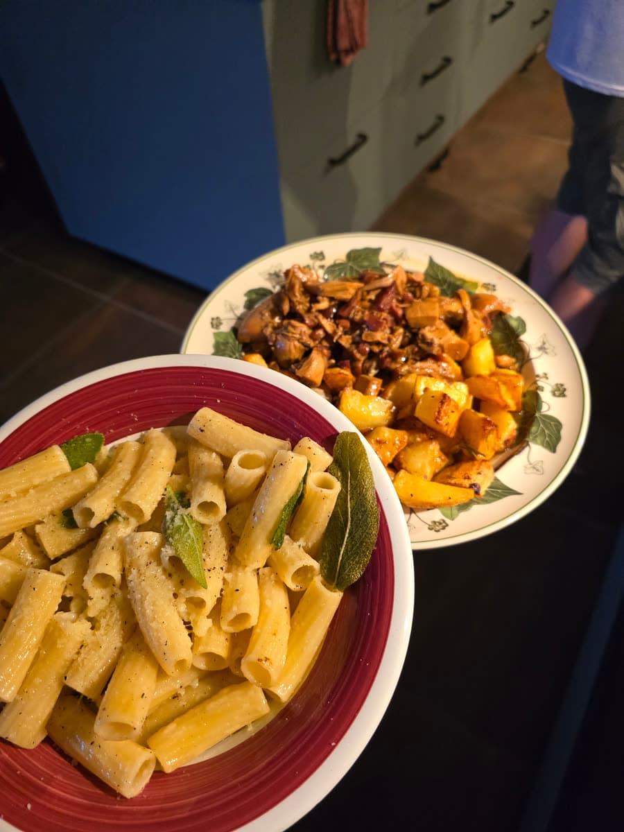 Rigatoni mit Soße, daneben ein Teller Gemüse mit Pilzen und Kürbis
