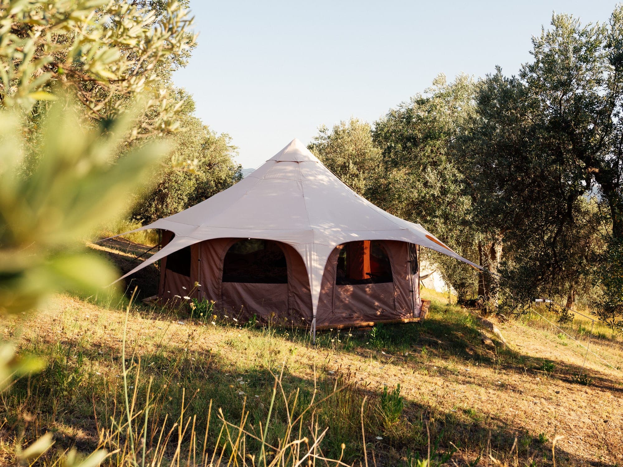 The octagonal Ottagono tent from outside, with its arched windows and canopy, among olive trees in the evening light