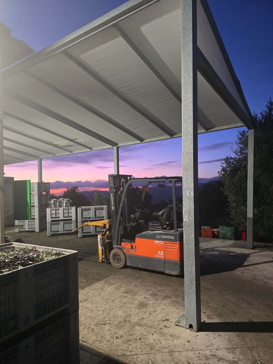 The mill’s covered yard at dusk, with a forklift and crates of olives